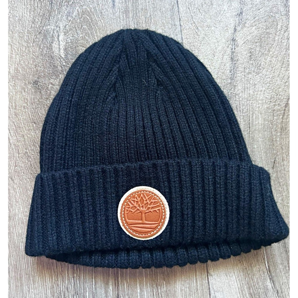 Timberland Ribbed Knit Beanie Hat Black Faux Leather Tree Logo Patch OS